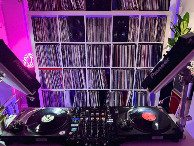 DJ decks and vinyl record collection in the Drop Studios DJ studio near Northampton