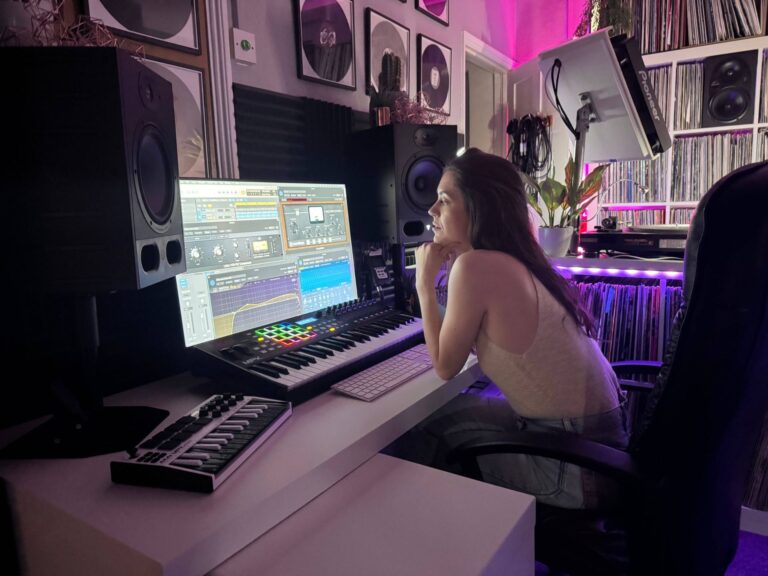 Music producer working at the production suite in Drop Studios